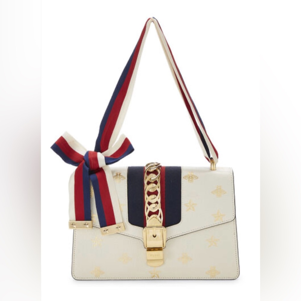 Textured Calfskin Bee Star Print Small Sylvie Shoulder Bag Mystic White